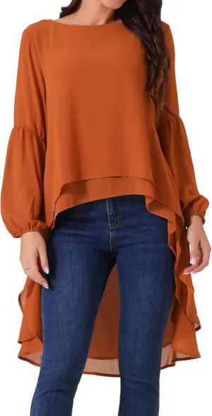 Seta T Women's High Low Tops Lantern Long Sleeve Round Neck Dressy Casual Chiffon Asymmetrical Tops Blouse