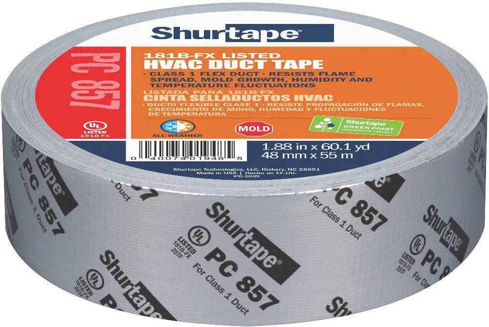 Shurtape PC 857 UL 181B-FX Listed/Printed Cloth Waterproof HVAC Duct Tape, Use to Seal Seam and Join Class 1 Flex Duct, 48mm x 55 Meters, Silver Metal Printed, 1 Roll (101015)