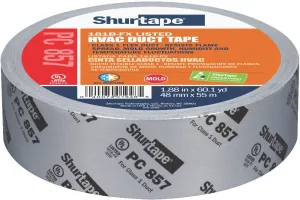 Shurtape PC 857 UL 181B-FX Listed/Printed Cloth Waterproof HVAC Duct Tape, Use to Seal Seam and Join Class 1 Flex Duct, 48mm x 55 Meters, Silver Metal Printed, 1 Roll (101015)