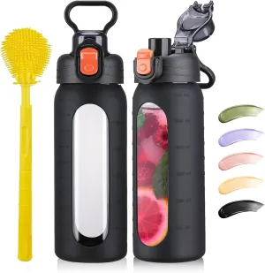SIEROZUR 20oz Borosilicate Glass Water Bottle with Flip Lid and Silicone Sleeve Reusable Drinking Bottle with Handle for Coffee,Tea and Water,BPA-free Dishwasher Safe