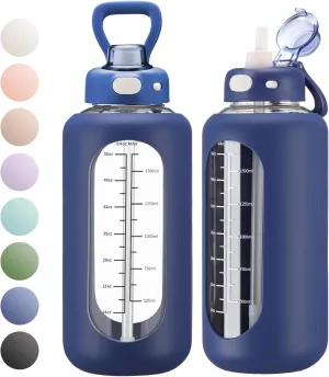 SIEROZUR 42 oz Glass Water Bottle with Straw and Handle, Large Sports Motivational Water Bottle Flask with Time Marker Leakproof Water Jug with Silicone Sleeve for Gym