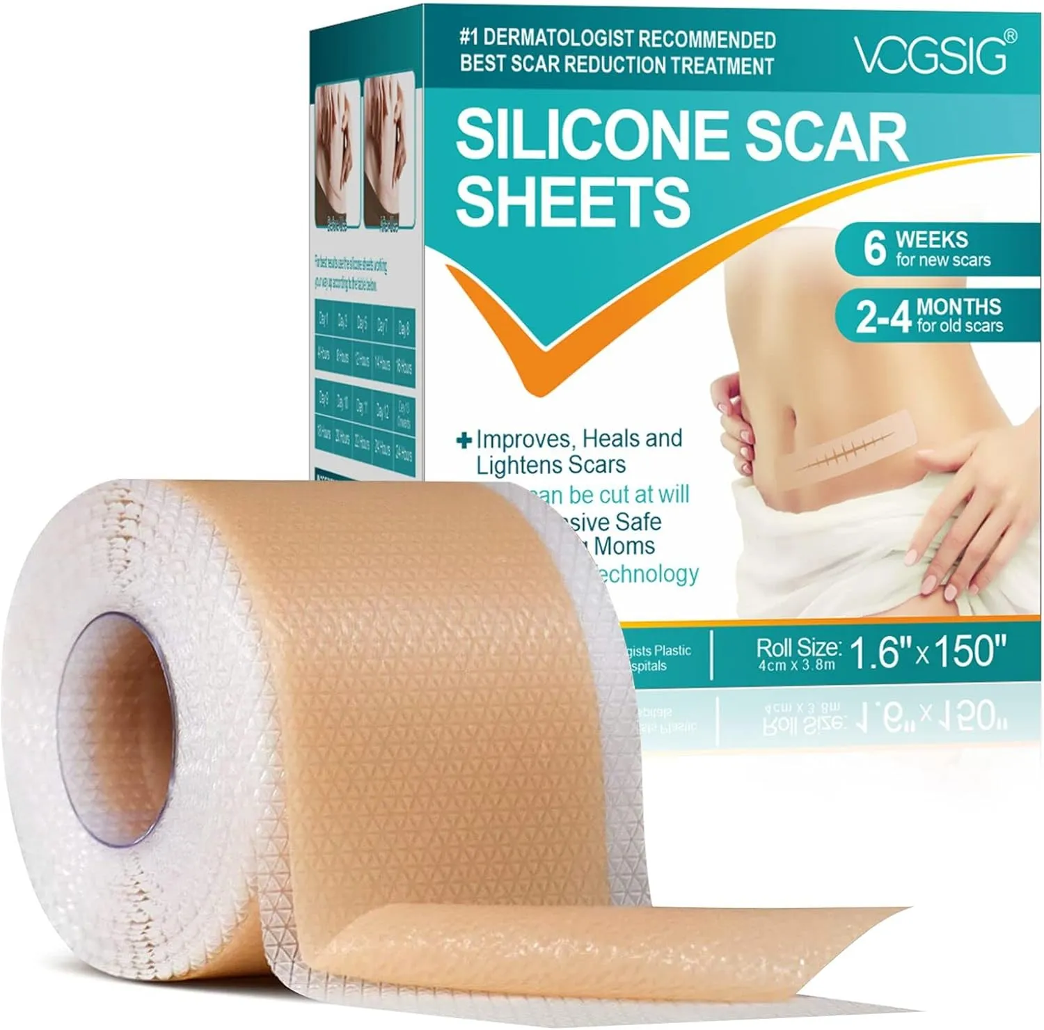 Silicone Scar Sheets (1.6” x 150”-3.8M), Medical Grade Soft Silicone Scar Tape, Strips, Roll - Keloid, C-Section, Surgical, Acne- Scars Removal Treatment, Painless Easy Removal, Reusable