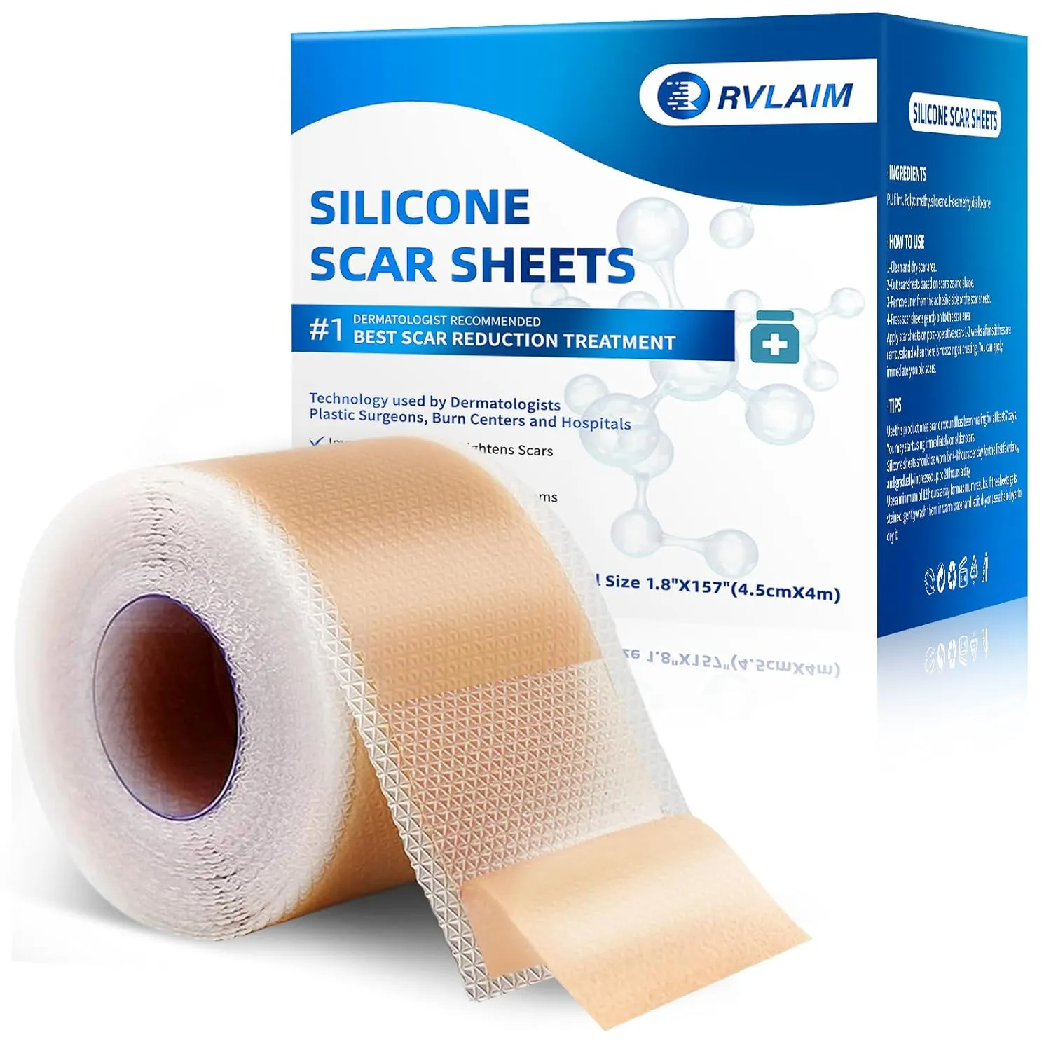 Silicone Scar Sheets, Silicone Scar Tape(1.8” x 157” Roll 4M), Silicone Scar Sheets for Surgical Scars, Keloid Bump Removal, Stretch Marks Removal, C-Section, Burn et