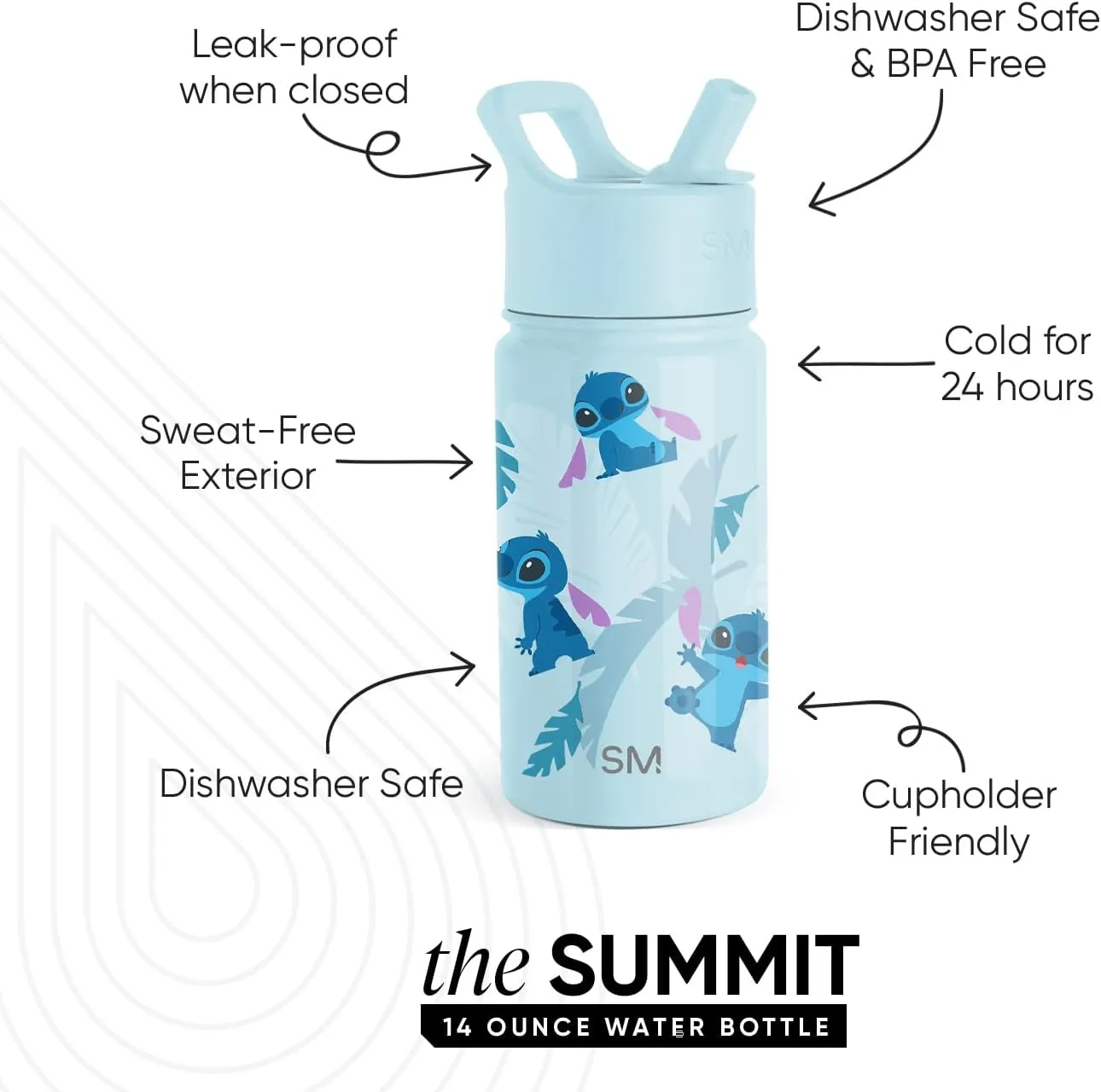 Simple Modern Kids Summit Water Bottle with Straw Lid | Disney Stitch 14oz Stainless Steel Cup Insulated Tumbler for Girls, Boys, School | Tropical Stitch