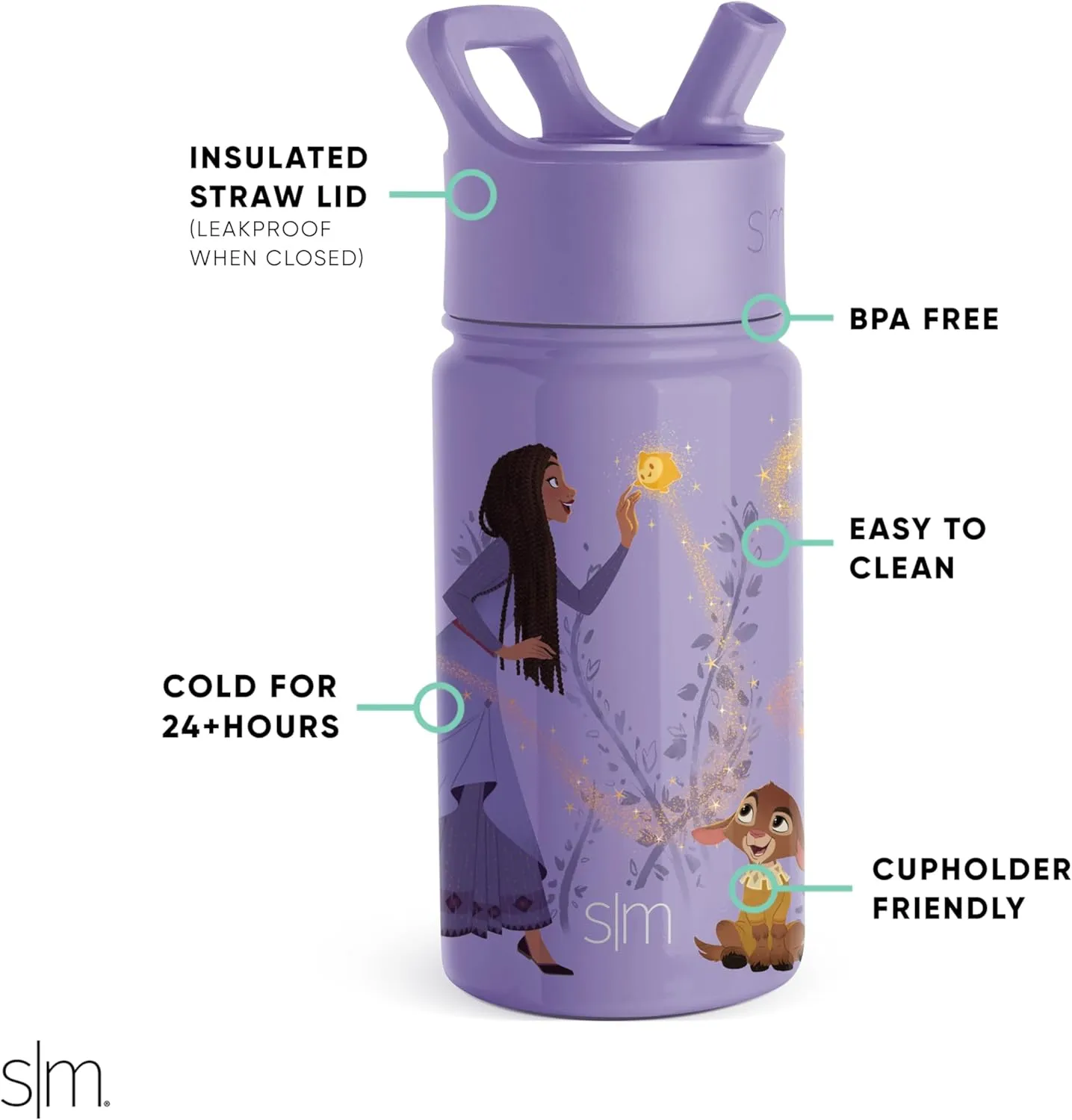Simple Modern Kids Summit Water Bottle with Straw Lid | Disney Wish 14oz Stainless Steel Cup Insulated Tumbler for Girls, School | Asha's Adventure