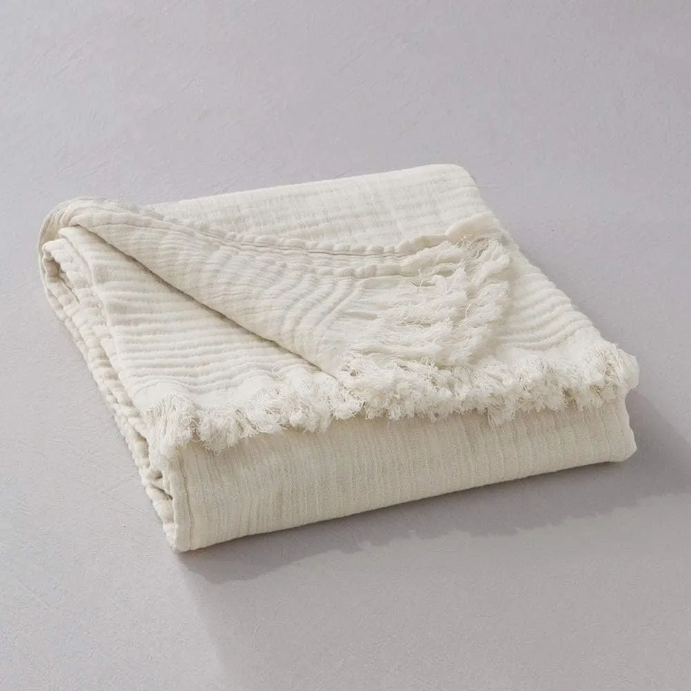 Simple&Opulence Cotton Muslin Throw Blanket for Bed, Couch, Knit Woven Gauze Blanket with Tassels, Soft Lightweight Cozy Pre-Washed Breathable Farmhouse Decoration for All-Season (Cream)