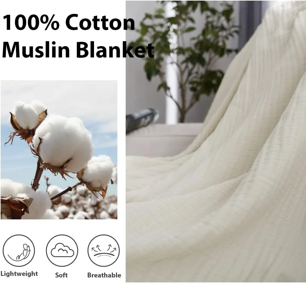Simple&Opulence Cotton Muslin Throw Blanket for Bed, Couch, Knit Woven Gauze Blanket with Tassels, Soft Lightweight Cozy Pre-Washed Breathable Farmhouse Decoration for All-Season (Cream)