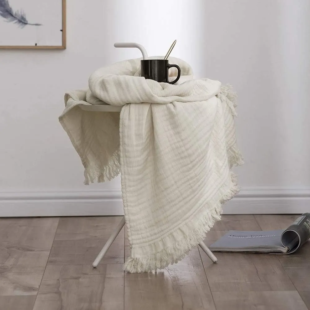 Simple&Opulence Cotton Muslin Throw Blanket for Bed, Couch, Knit Woven Gauze Blanket with Tassels, Soft Lightweight Cozy Pre-Washed Breathable Farmhouse Decoration for All-Season (Cream)