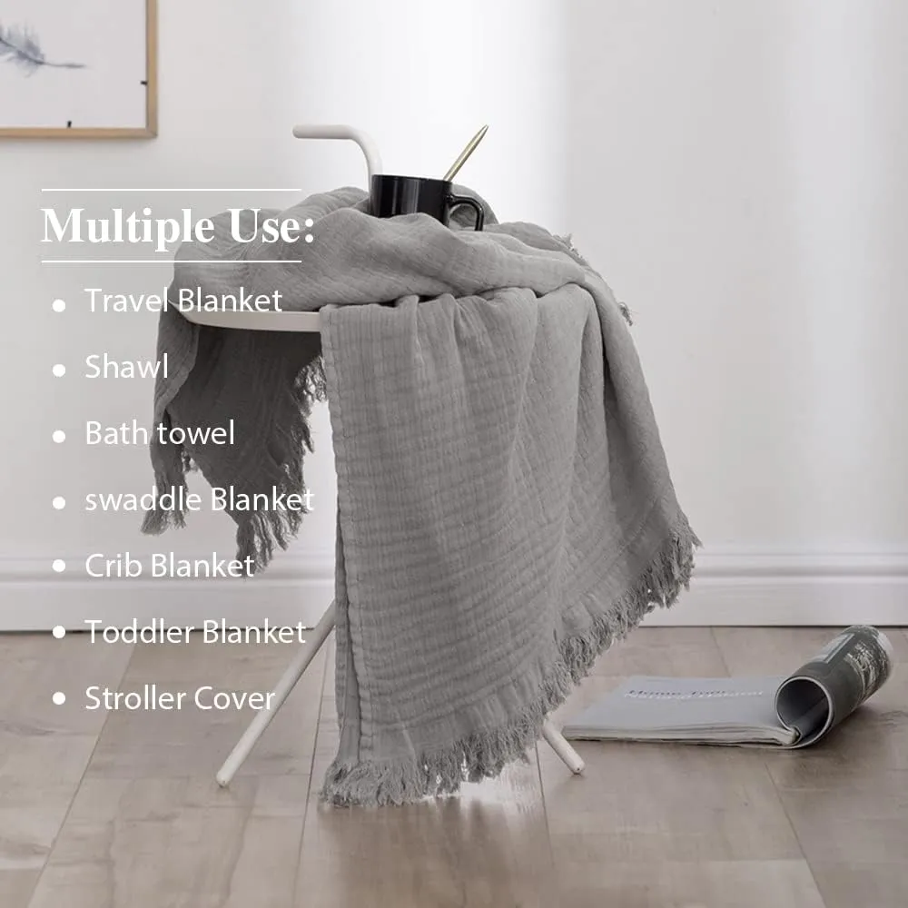 Simple&Opulence Cotton Muslin Throw Blanket for Bed, Couch, Knit Woven Gauze Blanket with Tassels, Soft Lightweight Cozy Pre-Washed Breathable Farmhouse Decoration for All-Season (Grey)