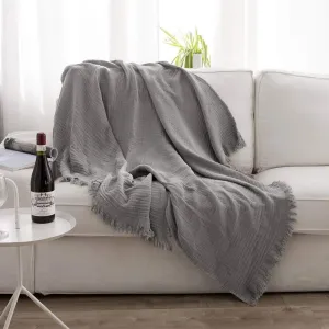 Simple&Opulence Cotton Muslin Throw Blanket for Bed, Couch, Knit Woven Gauze Blanket with Tassels, Soft Lightweight Cozy Pre-Washed Breathable Farmhouse Decoration for All-Season (Grey)