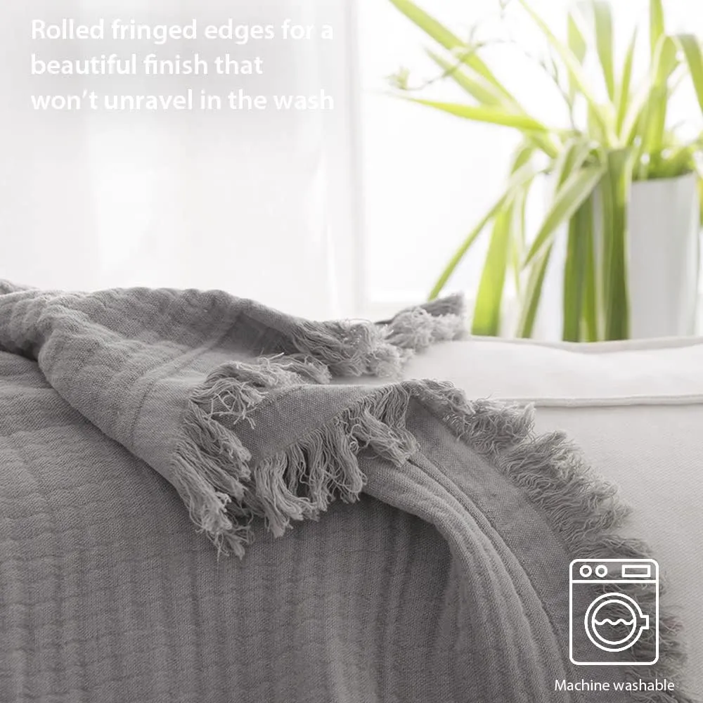 Simple&Opulence Cotton Muslin Throw Blanket for Bed, Couch, Knit Woven Gauze Blanket with Tassels, Soft Lightweight Cozy Pre-Washed Breathable Farmhouse Decoration for All-Season (Grey)