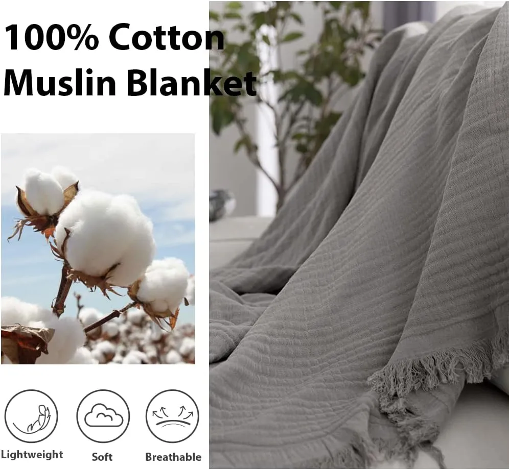 Simple&Opulence Cotton Muslin Throw Blanket for Bed, Couch, Knit Woven Gauze Blanket with Tassels, Soft Lightweight Cozy Pre-Washed Breathable Farmhouse Decoration for All-Season (Grey)