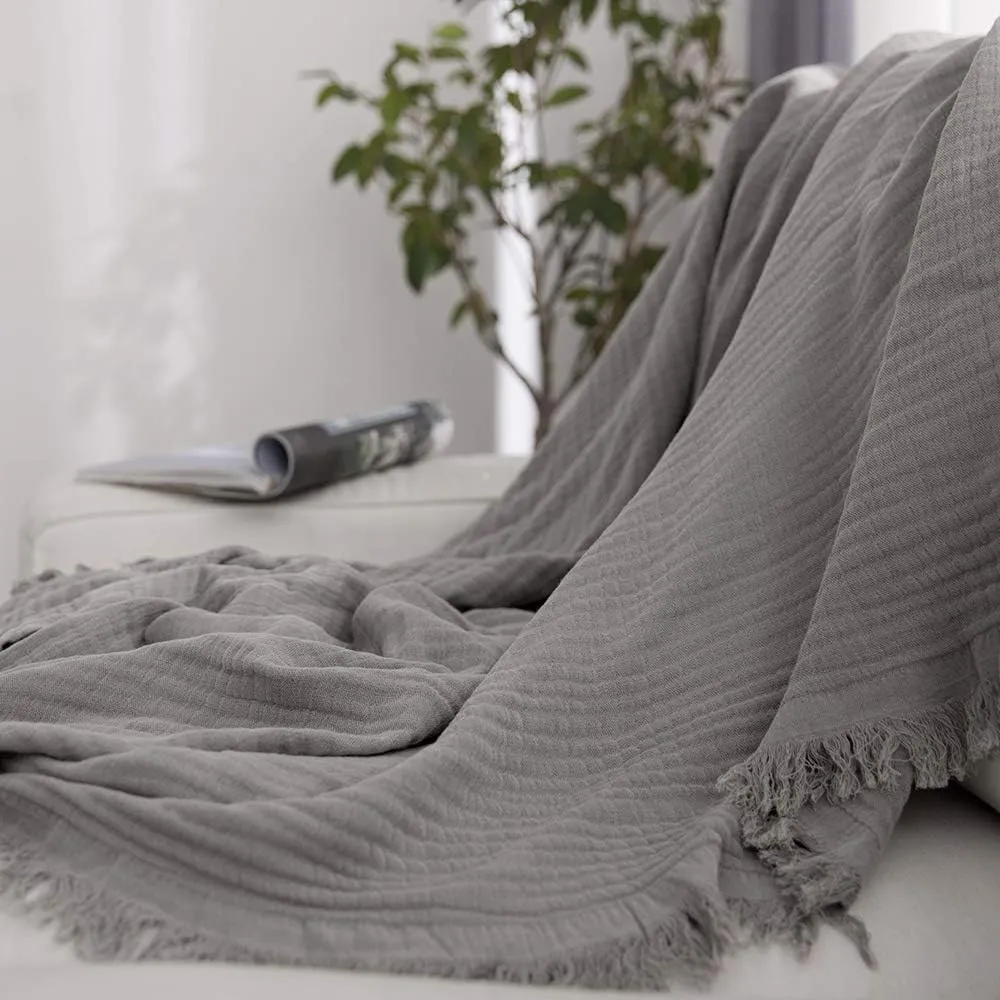 Simple&Opulence Cotton Muslin Throw Blanket for Bed, Couch, Knit Woven Gauze Blanket with Tassels, Soft Lightweight Cozy Pre-Washed Breathable Farmhouse Decoration for All-Season (Grey)