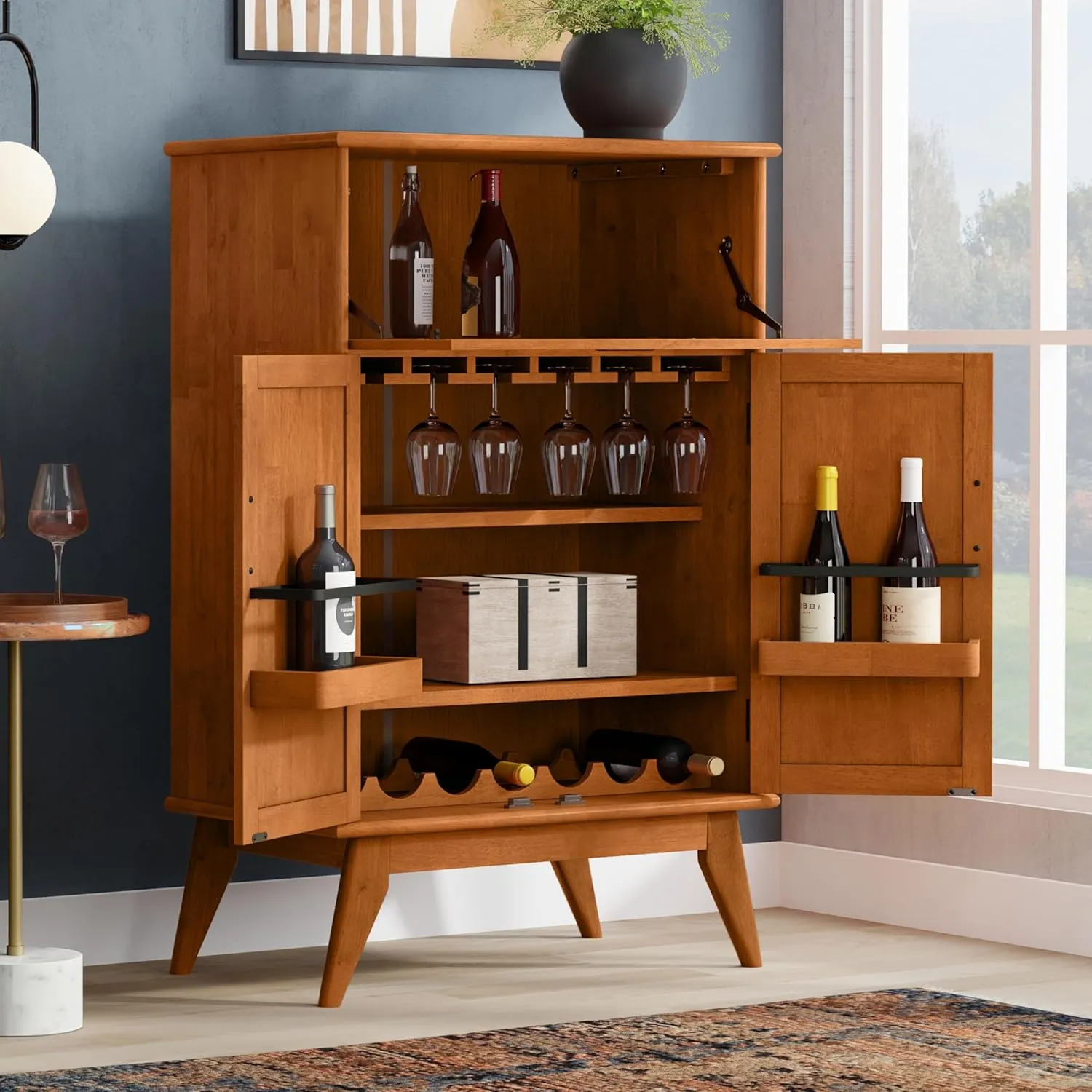 SIMPLIHOME Draper Bar Cabinet - 32 inch Wide Solid Hardwood Beverage Cabinet in Teak Brown, Mid-Century Modern Wine Storage for Dining Room or Kitchen with Drop-Down Shelf and Stemware Rack