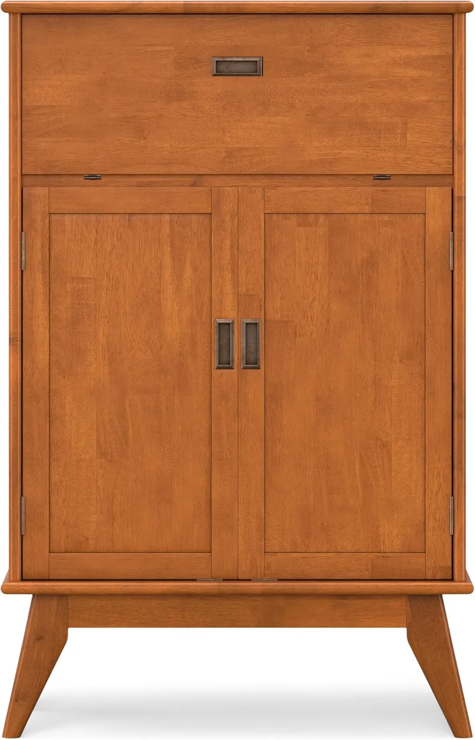 SIMPLIHOME Draper Bar Cabinet - 32 inch Wide Solid Hardwood Beverage Cabinet in Teak Brown, Mid-Century Modern Wine Storage for Dining Room or Kitchen with Drop-Down Shelf and Stemware Rack