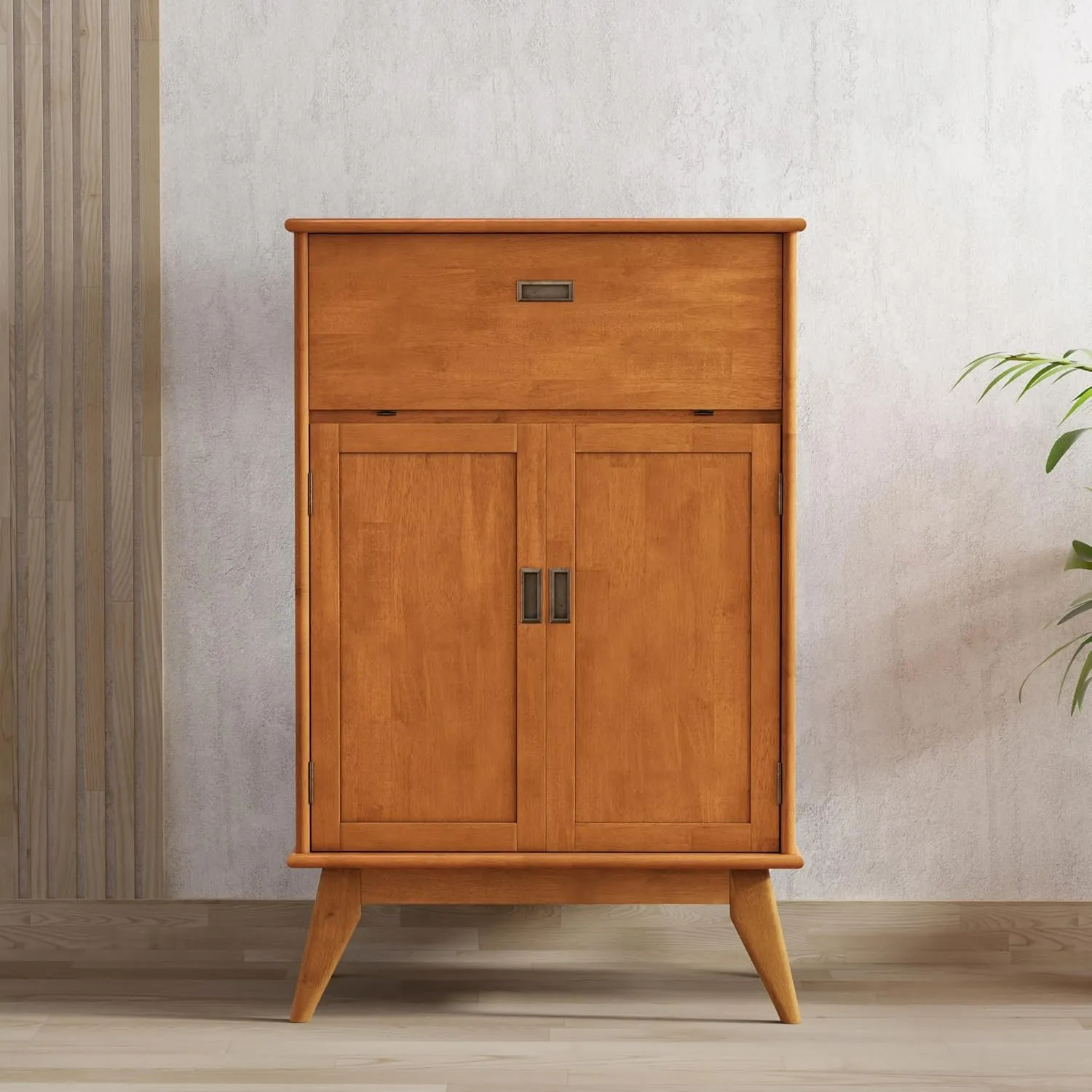 SIMPLIHOME Draper Bar Cabinet - 32 inch Wide Solid Hardwood Beverage Cabinet in Teak Brown, Mid-Century Modern Wine Storage for Dining Room or Kitchen with Drop-Down Shelf and Stemware Rack