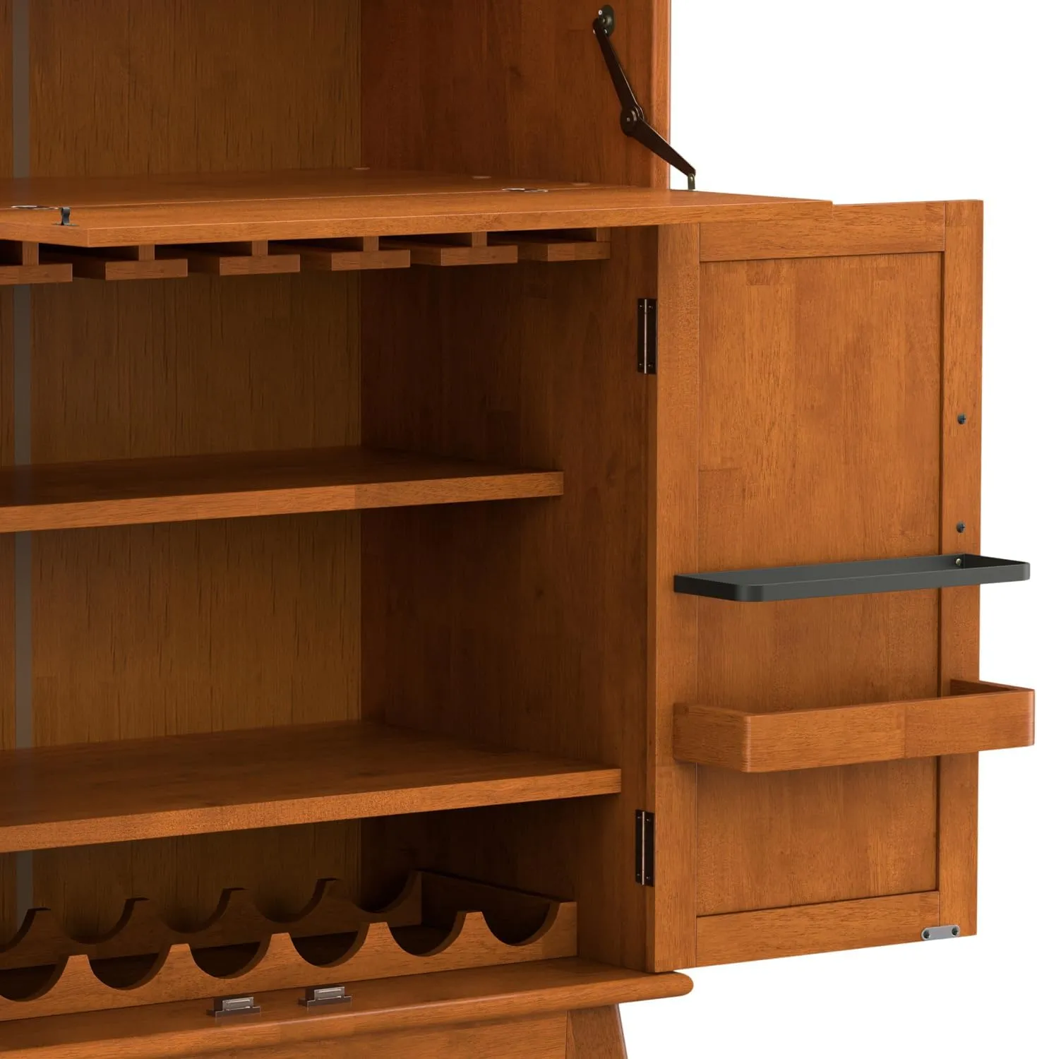 SIMPLIHOME Draper Bar Cabinet - 32 inch Wide Solid Hardwood Beverage Cabinet in Teak Brown, Mid-Century Modern Wine Storage for Dining Room or Kitchen with Drop-Down Shelf and Stemware Rack