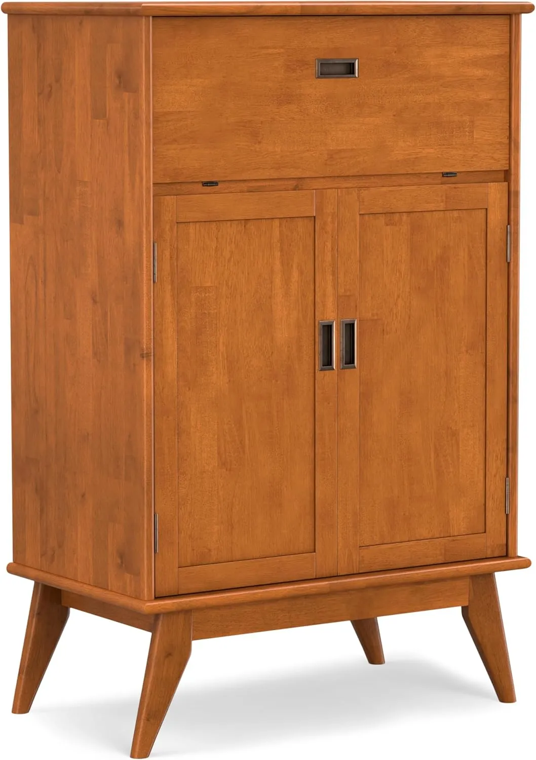 SIMPLIHOME Draper Bar Cabinet - 32 inch Wide Solid Hardwood Beverage Cabinet in Teak Brown, Mid-Century Modern Wine Storage for Dining Room or Kitchen with Drop-Down Shelf and Stemware Rack