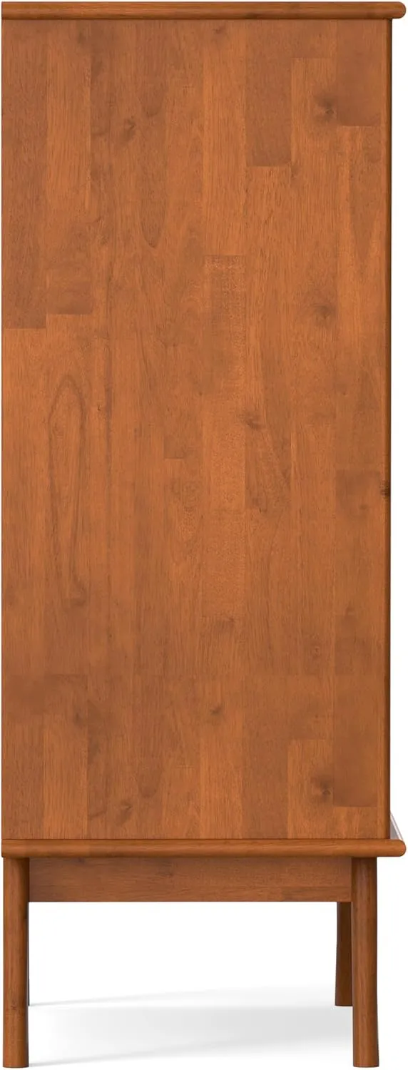 SIMPLIHOME Draper Bar Cabinet - 32 inch Wide Solid Hardwood Beverage Cabinet in Teak Brown, Mid-Century Modern Wine Storage for Dining Room or Kitchen with Drop-Down Shelf and Stemware Rack