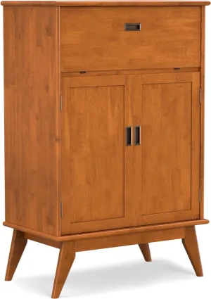 SIMPLIHOME Draper Bar Cabinet - 32 inch Wide Solid Hardwood Beverage Cabinet in Teak Brown, Mid-Century Modern Wine Storage for Dining Room or Kitchen with Drop-Down Shelf and Stemware Rack