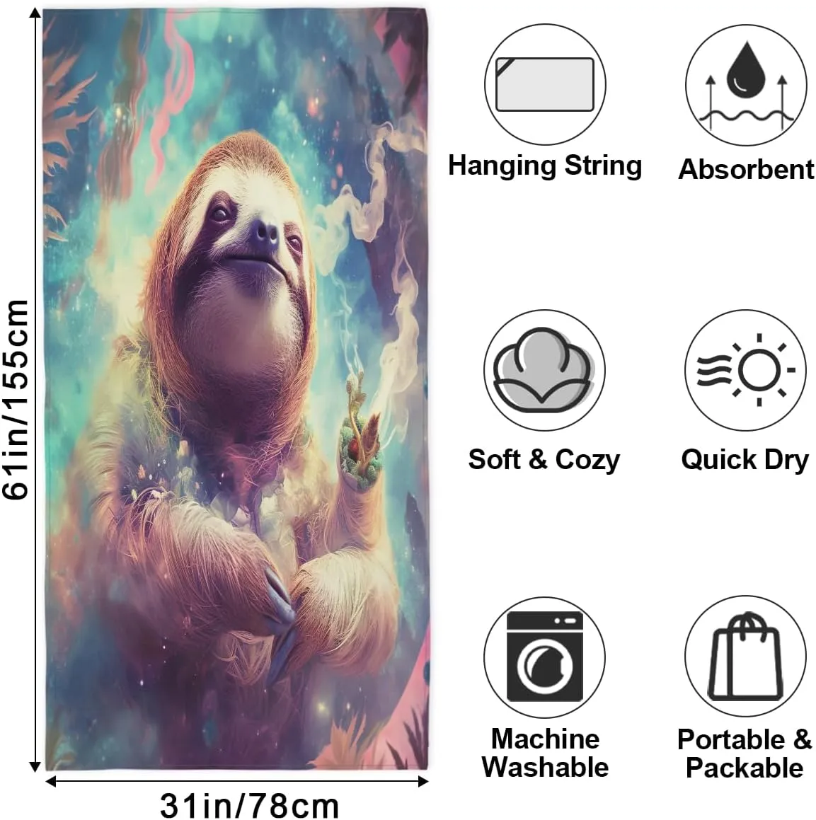 Sloth Fog Floating Beach Towel, Large Microfiber Quick Dry Lightweight Pool Bath Towels Sand Free Beach Blanket for Summer Cruise Yoga Camping Travel Vacation Essentials 31 x 61 in