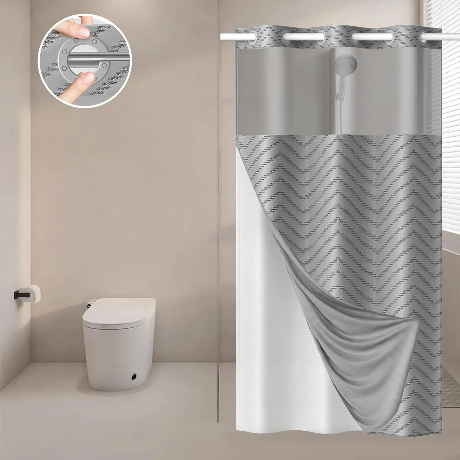 Small Stall Shower Curtain and Snap in Liner Set 74" L x 36" W,Grey Tufted Chevron Striped Cloth Waterproof Washable Fabric,Boho Bath Curtain with See Through Mesh Top Window for Bathroom Hotel