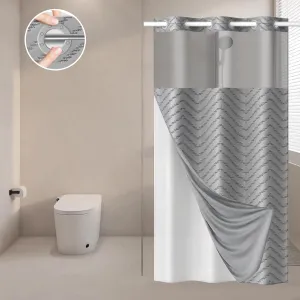 Small Stall Shower Curtain and Snap in Liner Set 74" L x 36" W,Grey Tufted Chevron Striped Cloth Waterproof Washable Fabric,Boho Bath Curtain with See Through Mesh Top Window for Bathroom Hotel