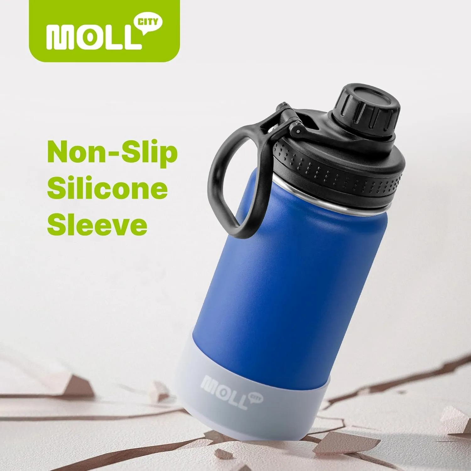 Small Water Bottle 12 oz Insulated Sports Wide Mouth Flask for School-Reuasble Stainless Steel Vacuum Travle Water Bottle with Silicone Boot (Navy)