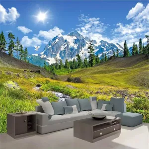 Snow Mountain Plateau Natural Scenery 3D Photo Wallpaper, Green Grassland Plants Mural Wallpaper, Wall Decal Stickers Dry Without Bubbles for Laundry Rooms（59"W x 39.4"H）