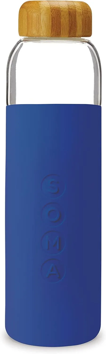 SOMA BPA-Free Glass Water Bottle with Silicone Sleeve, Sapphire, 17oz
