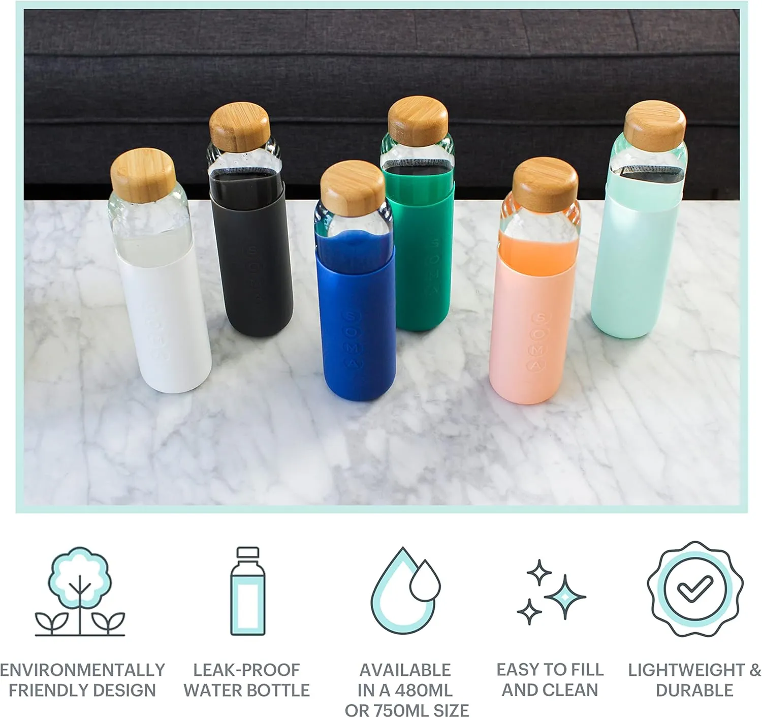 SOMA BPA-Free Glass Water Bottle with Silicone Sleeve, Sapphire, 17oz