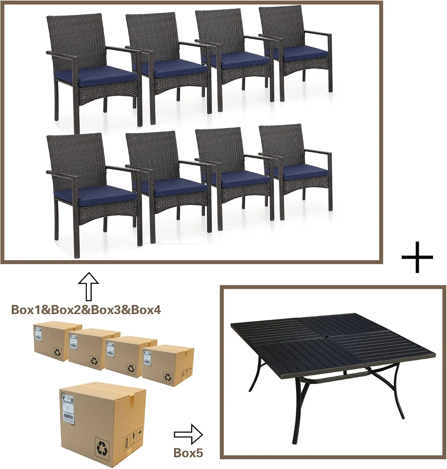 Sophia & William 9 Pieces Patio Dining Set for 8, 60" Large Square Patio Table and Rattan Chairs Set, All Weather Outdoor Dining Set, 8 People Metal Patio Table Set for Outside, Black Tabletop