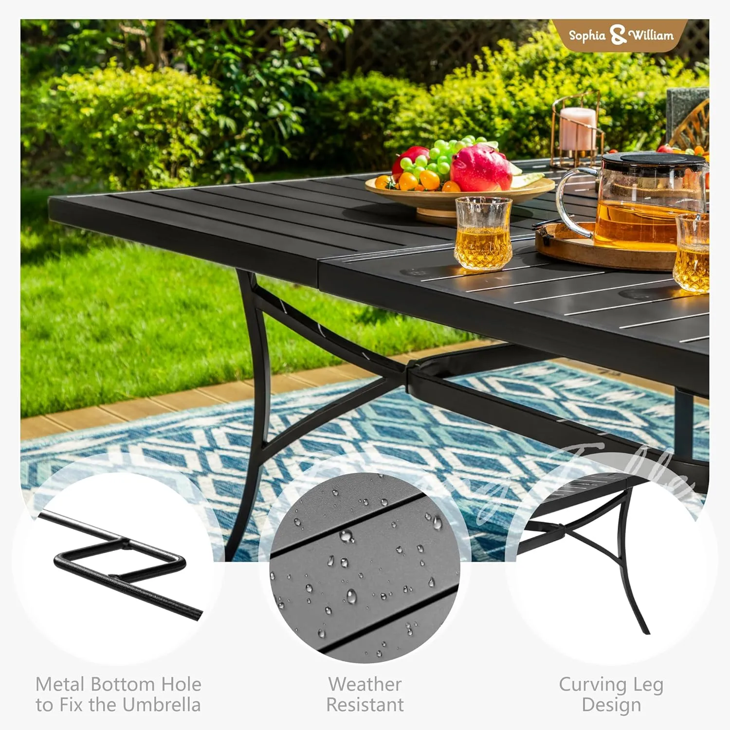 Sophia & William 9 Pieces Patio Dining Set for 8, 60" Large Square Patio Table and Rattan Chairs Set, All Weather Outdoor Dining Set, 8 People Metal Patio Table Set for Outside, Black Tabletop