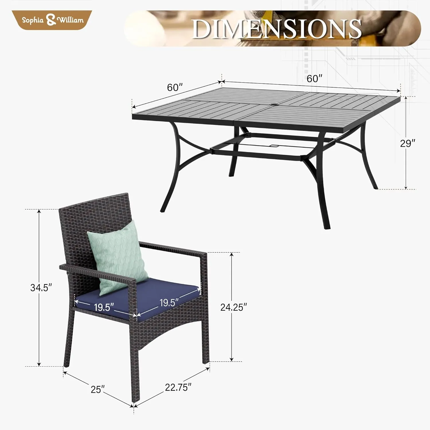 Sophia & William 9 Pieces Patio Dining Set for 8, 60" Large Square Patio Table and Rattan Chairs Set, All Weather Outdoor Dining Set, 8 People Metal Patio Table Set for Outside, Black Tabletop