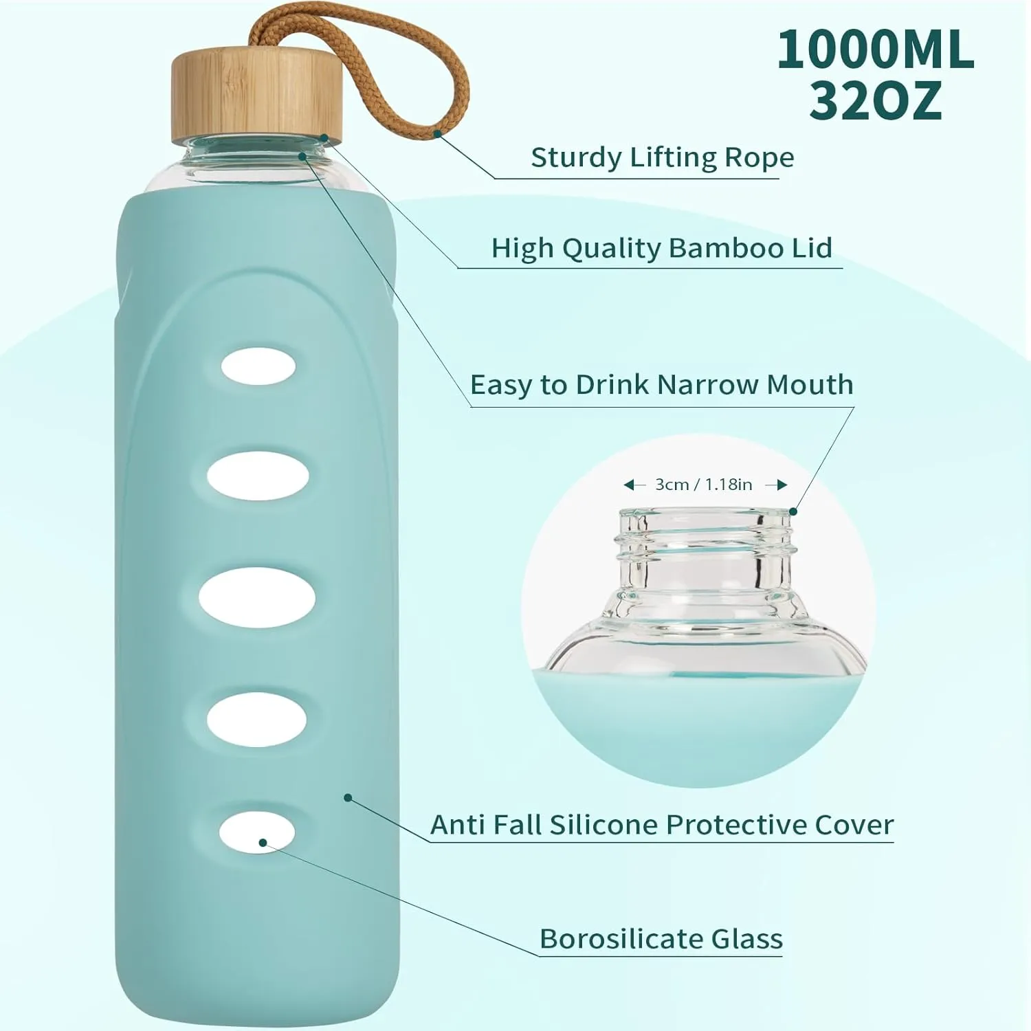 Sport 32oz Glass Water Bottle 1000ml /1 liter Borosilicate Glass Water Bottle Reusable Waterbottle Jugwith Silicone Sleeve and Unique Lid (Cyan