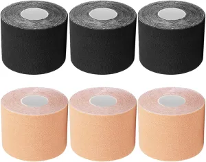 Sports Tape Kinesiology Tape Knee Tape, 2" Uncut 2 inch Waterproof, Bulk Sport Tape Athletic Tape Core Tape Nude for Muscle Joint Shoulder Pain, 6 Roll Black & Beige