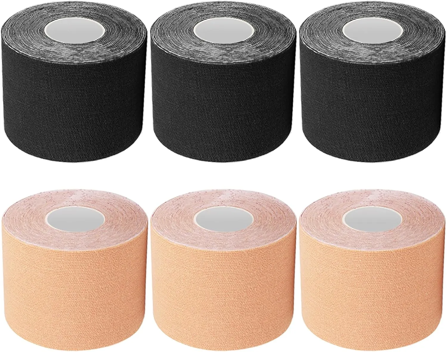Sports Tape Kinesiology Tape Knee Tape, 2" Uncut 2 inch Waterproof, Bulk Sport Tape Athletic Tape Core Tape Nude for Muscle Joint Shoulder Pain, 6 Roll Black & Beige