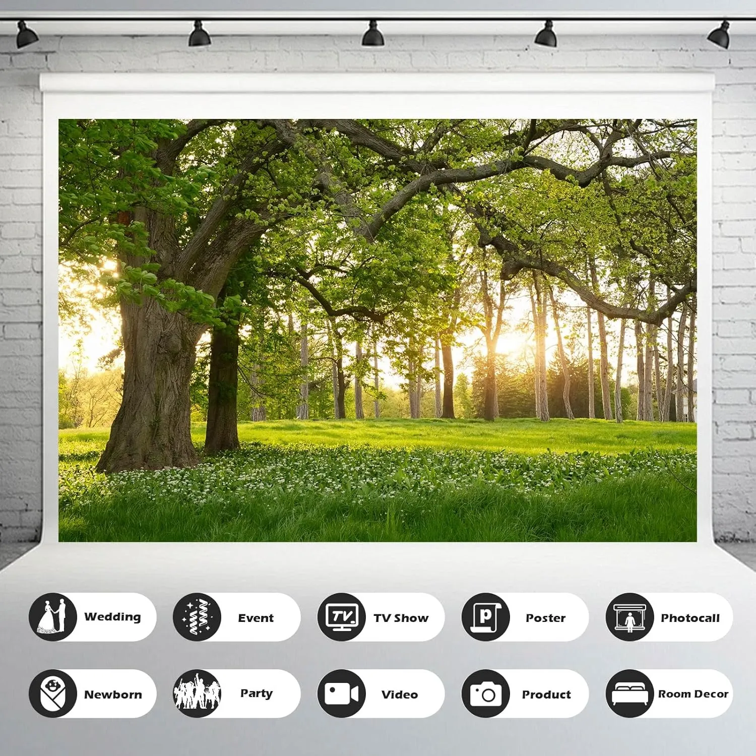 Spring Forest Park Backdrop Blooming White Flowers Jungle Tree Garden Photography Background Children Spring Outdoor Outing Art Portraits Photo Video Studio Props Vinyl Wallpaper Props Decor 7x5ft