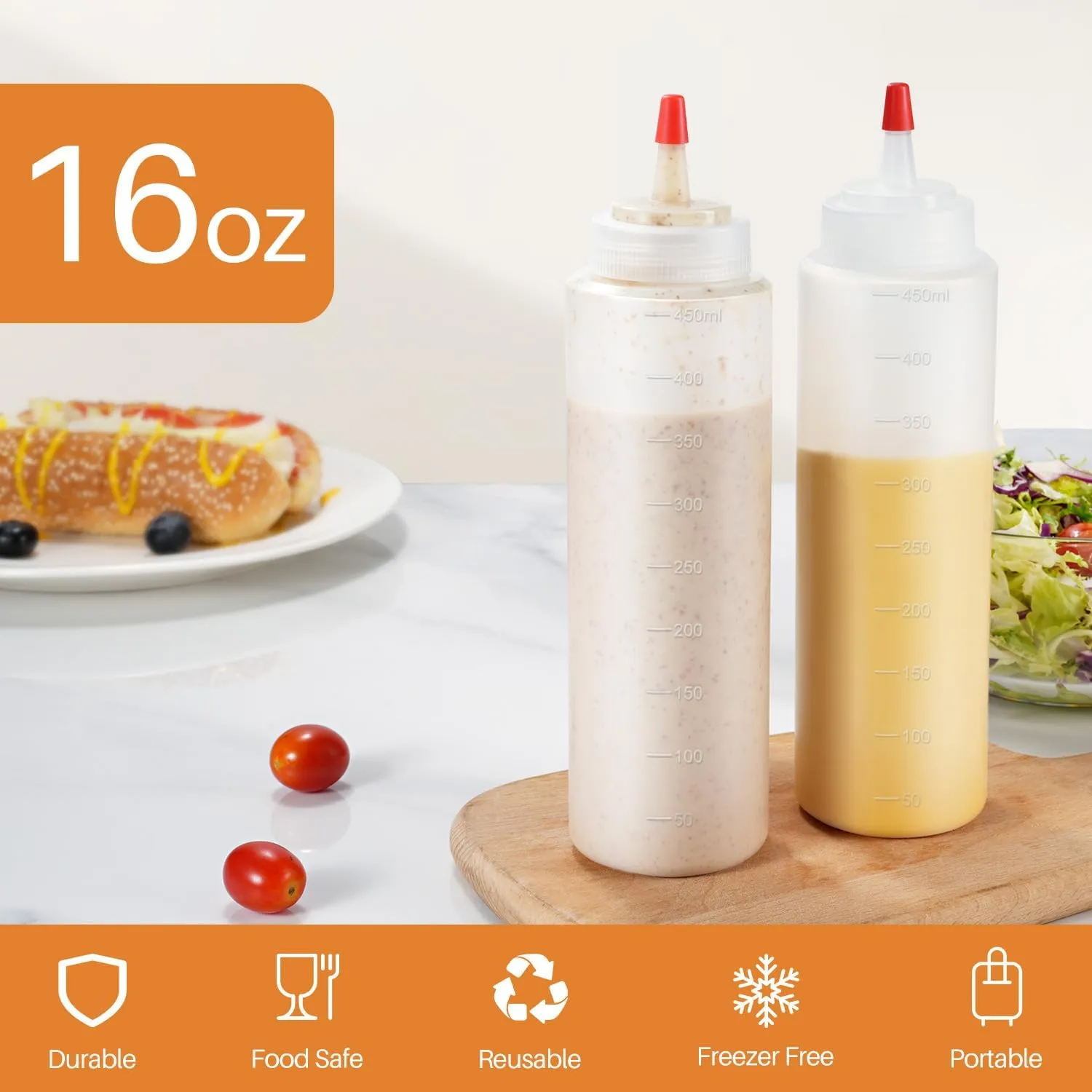 Squeeze Bottles, 16oz Leak-Proof Wide Mouth Condiment Squeeze Bottles for Liquids Sauces Ketchup Oil, 6 Pack