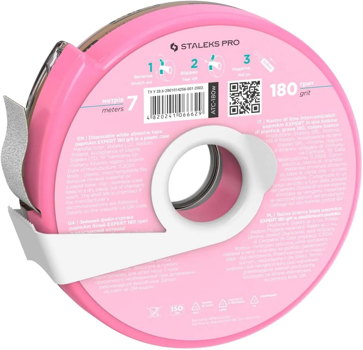 Staleks Pro Disposable White Abrasive Tape papmAm Expert – 180 Grit – 7m Roll in Plastic Case – Glueless Replaceable Abrasive – Professional Nail Shaping – Manicure & Pedicure
