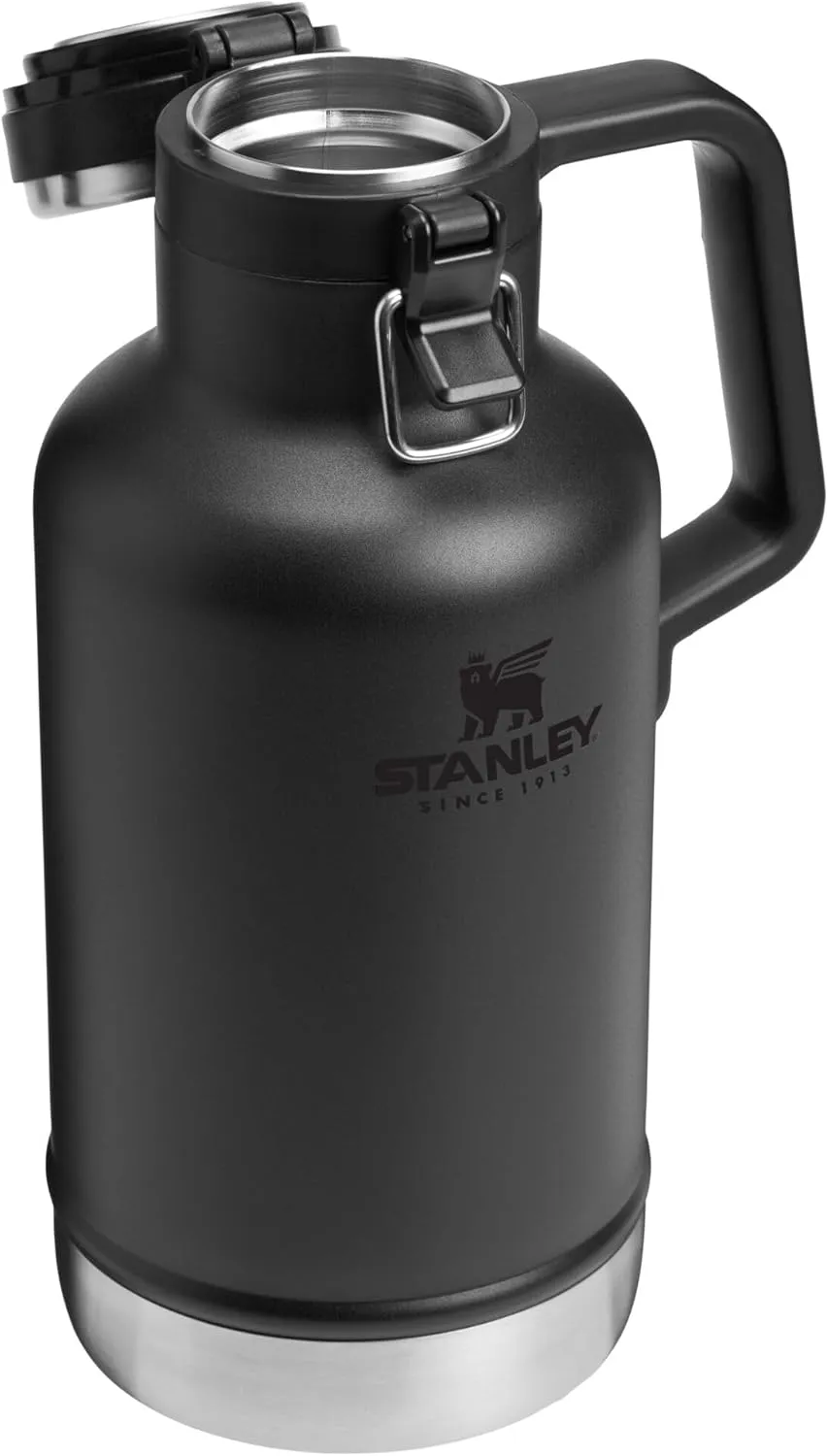 Stanley Classic Easy-Pour Growler 64 oz | Keeps Beer Cold or Coffee Hot | Leakproof Steel Lined Lid and Easy to Carry Handle | Insulated Stainless Steel | BPA-Free | Black 2.0