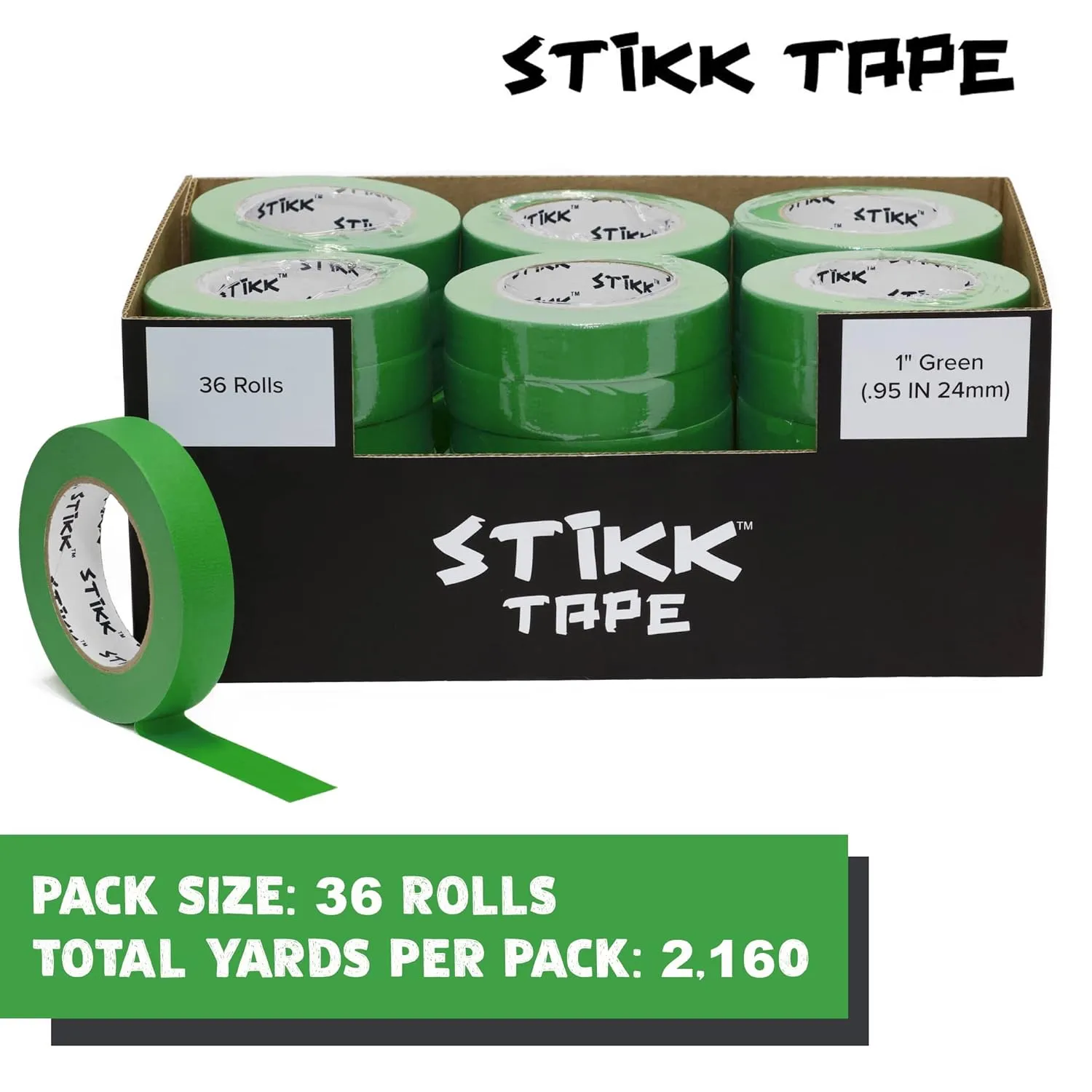 STIKK Painters Tape - 36 Roll Case Green Painter Tape - 1 inch x 60 Yards - Paint Tape for Painting, Edges, Trim, Ceilings - Masking Tape for DIY Paint Projects - Residue-Free Painting Tape