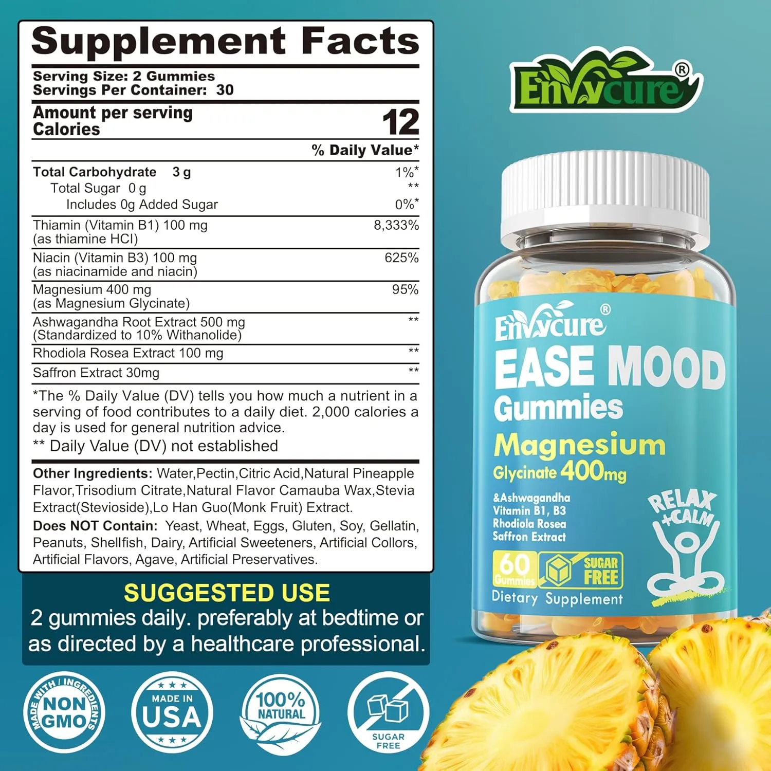 Sugar Free Magnesium Glycinate Gummies 400mg with Ashwagandha, B1, B3, Rhodiola Rosea & Saffron for Support Rest, Mood & Calm Magnesium Gummies for Adults, Chewable Magnesium Supplement, Vegan, 120Ct