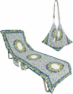 Summer Lemon Chaise Lounger Cover with Pockets, Pool Lounge Chair Covers 85"x29", Vintage Yellow Fruits Ceramic Tile Microfiber Beach Chair Cover for Outdoor Patio Sunbathing