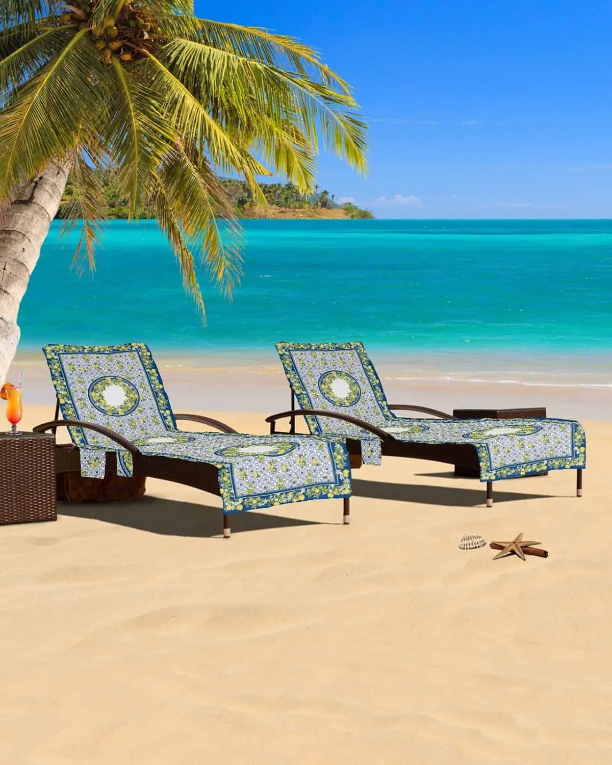 Summer Lemon Chaise Lounger Cover with Pockets, Pool Lounge Chair Covers 85"x29", Vintage Yellow Fruits Ceramic Tile Microfiber Beach Chair Cover for Outdoor Patio Sunbathing