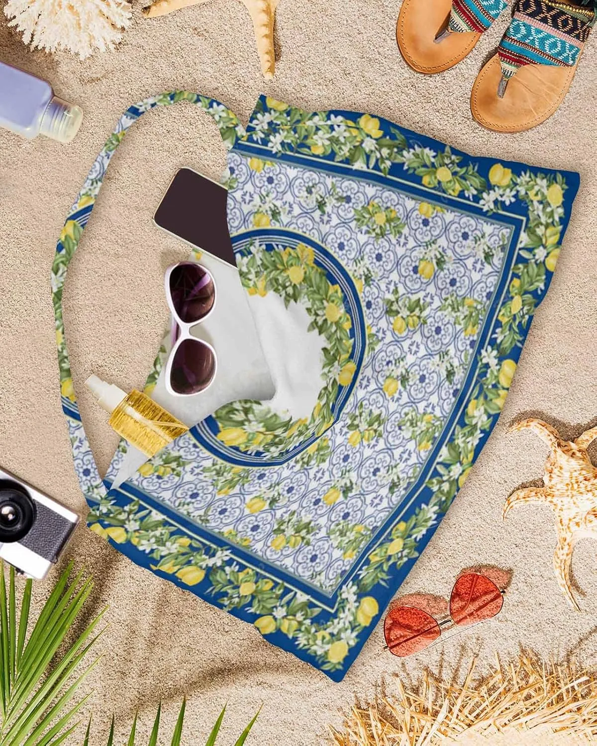 Summer Lemon Chaise Lounger Cover with Pockets, Pool Lounge Chair Covers 85"x29", Vintage Yellow Fruits Ceramic Tile Microfiber Beach Chair Cover for Outdoor Patio Sunbathing