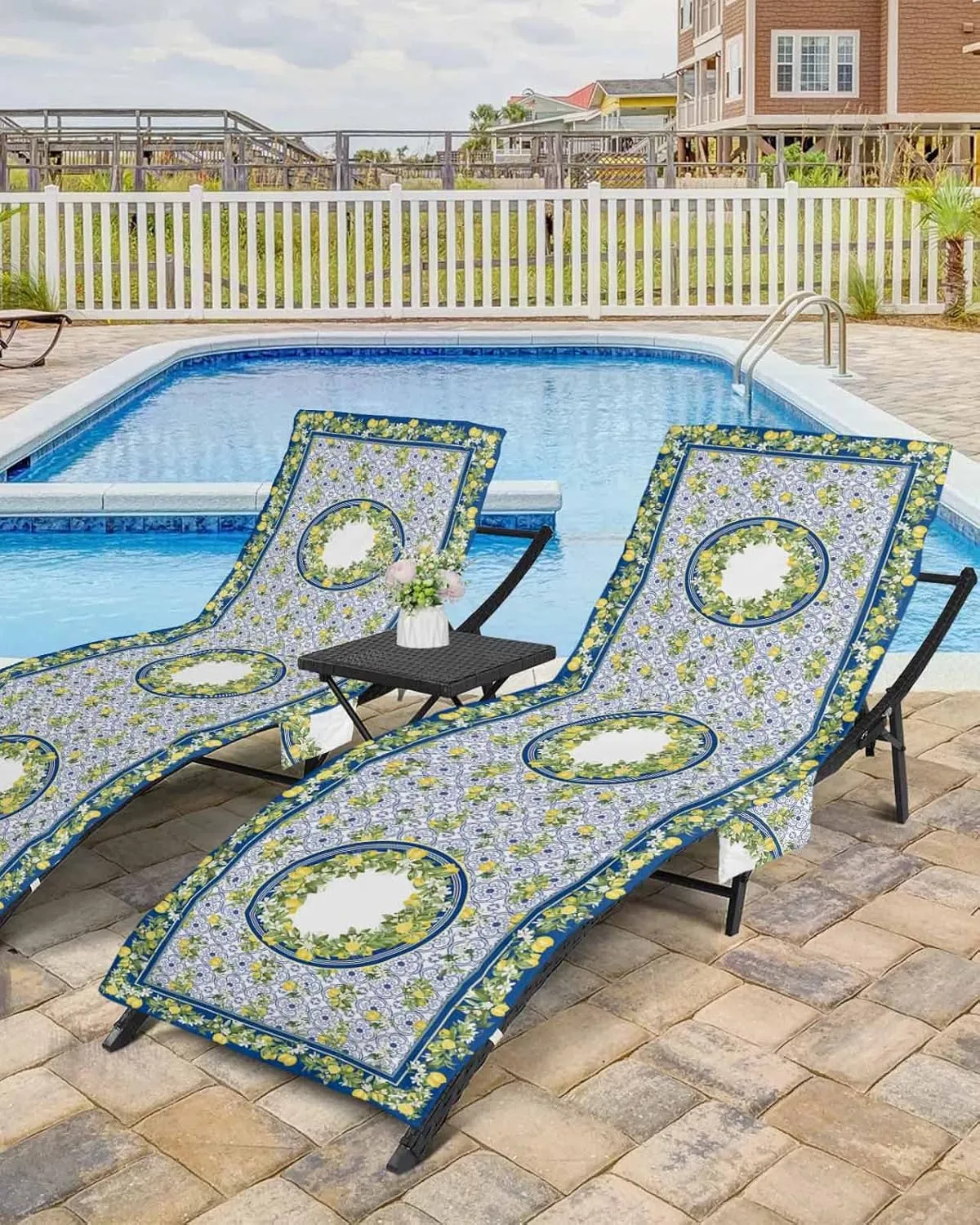 Summer Lemon Chaise Lounger Cover with Pockets, Pool Lounge Chair Covers 85"x29", Vintage Yellow Fruits Ceramic Tile Microfiber Beach Chair Cover for Outdoor Patio Sunbathing