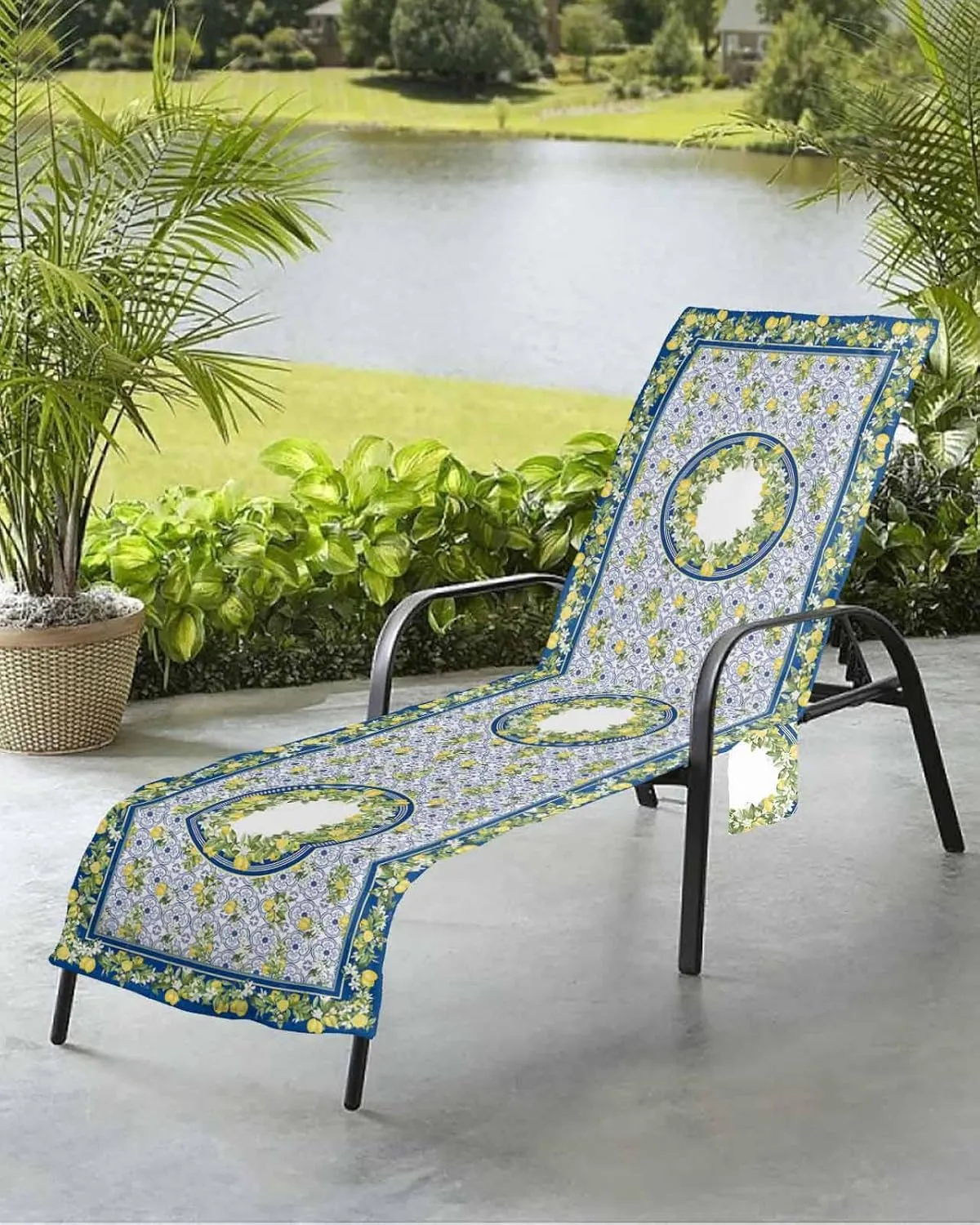 Summer Lemon Chaise Lounger Cover with Pockets, Pool Lounge Chair Covers 85"x29", Vintage Yellow Fruits Ceramic Tile Microfiber Beach Chair Cover for Outdoor Patio Sunbathing