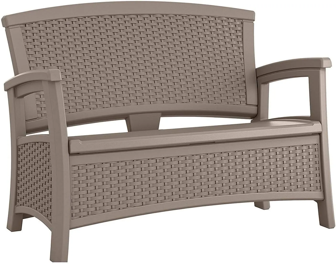 Suncast Elements Loveseat with Storage - Lightweight, Resin, All-Weather Outdoor Loveseat Chair - Wicker Patio Decor with Built in Storage Capacity up to 23 Gallons - Dark Taupe
