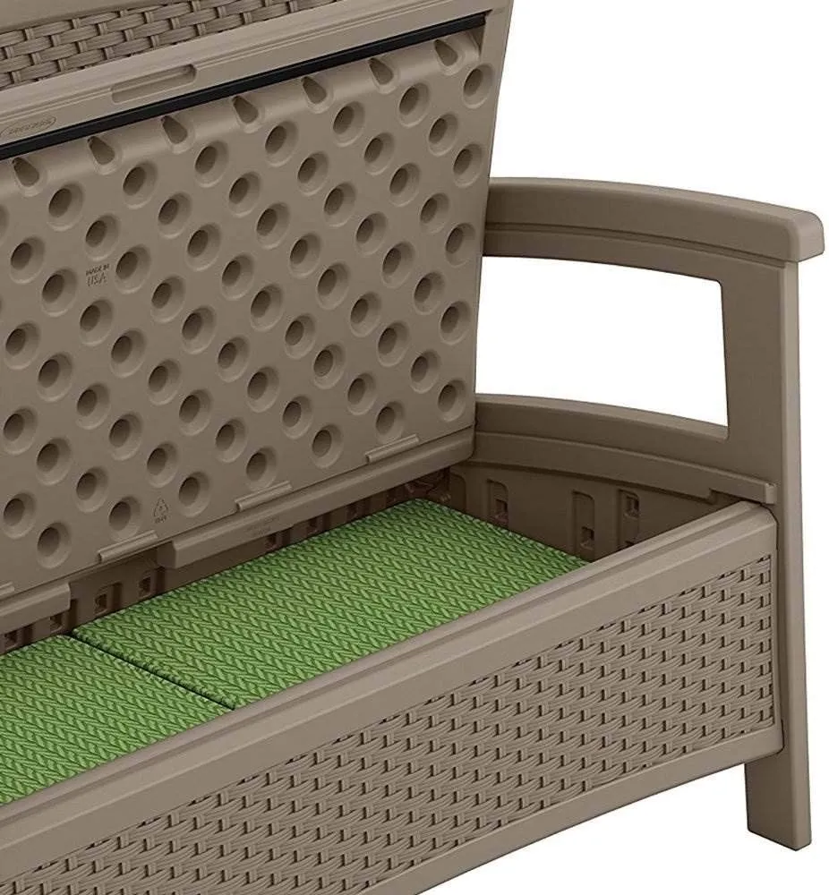 Suncast Elements Loveseat with Storage - Lightweight, Resin, All-Weather Outdoor Loveseat Chair - Wicker Patio Decor with Built in Storage Capacity up to 23 Gallons - Dark Taupe